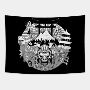 Japan Symbols Retro Samurai Torii Gate Pagoda Geisha Fuji Sakura Japanese Art 622 Tapestry