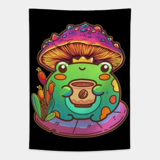 Adorable frog drinking coffee under mushroom umbrella Tapestry