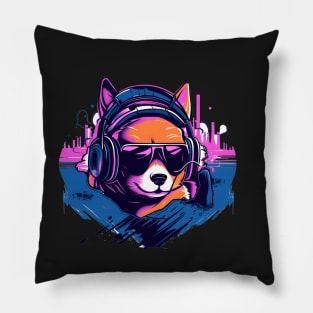 Shiba Inu wears headphones - synth wave style Pillow