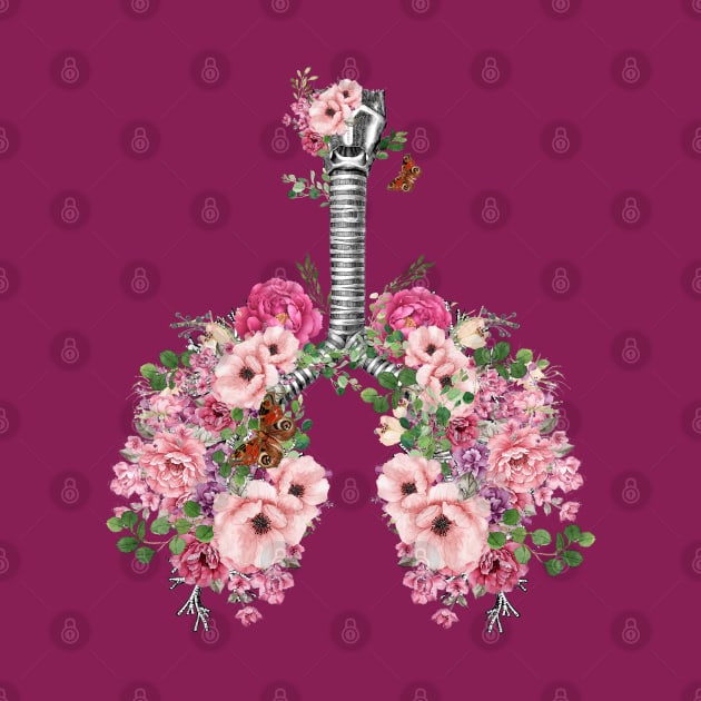 Lung Anatomy, pink roses, Cancer Awareness by Collagedream