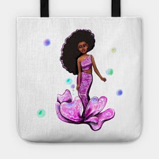 Best Mermaid gifts top 10 2022 Coco the Magical rainbow mermaid with brown eyes, flowing Afro hair and caramel brown skin - light background Tote