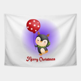 Merry Christmas Cute Penguin and Red Balloon Tapestry