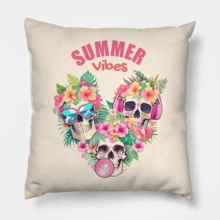 Three Tropical skull head with sunglasses,bubble gum balloon and headphones, leaves and flowers Pillow