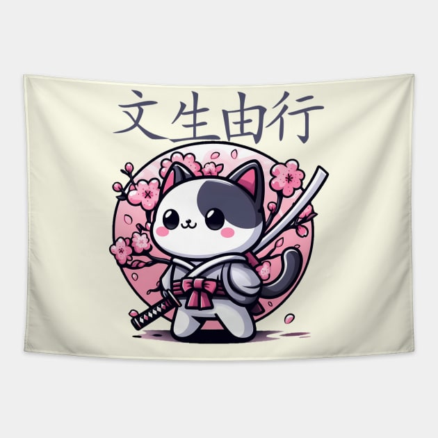 defiant cat katana sakura pink Tapestry by IA.PICTURE