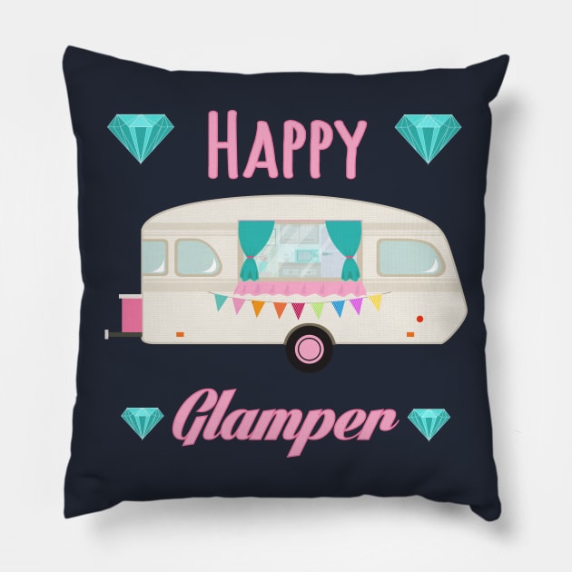 Happy Glamper - Pink Glam Camper Trailer RV Camping Pillow by PozureTees108