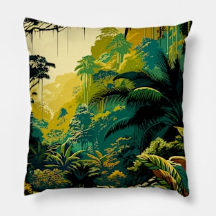 Tropical Jungle Majesty: Vibrant Rainforest Illustration Pillow