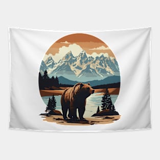 Grizzly Bear Against Scenic Mountain Landscape Design Tapestry