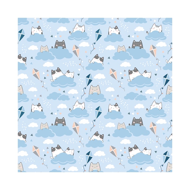 Seamless Pattern clouds Kite Cute Kawaii Cats by jodotodesign