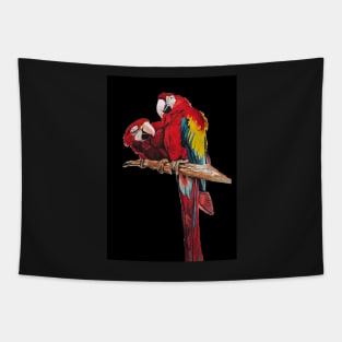 Red Macaw Parrot Watercolor Painting on Black Tapestry