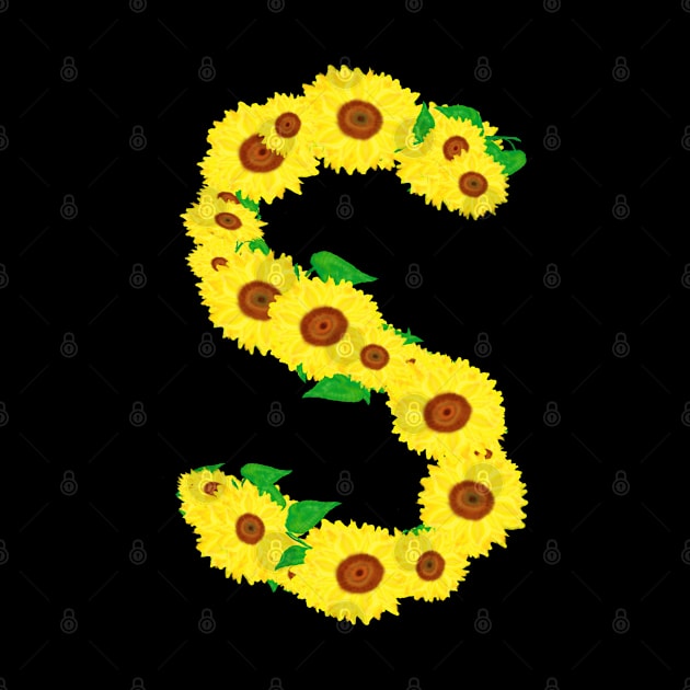 Sunflowers Initial Letter S (Black Background) by Art By LM Designs 