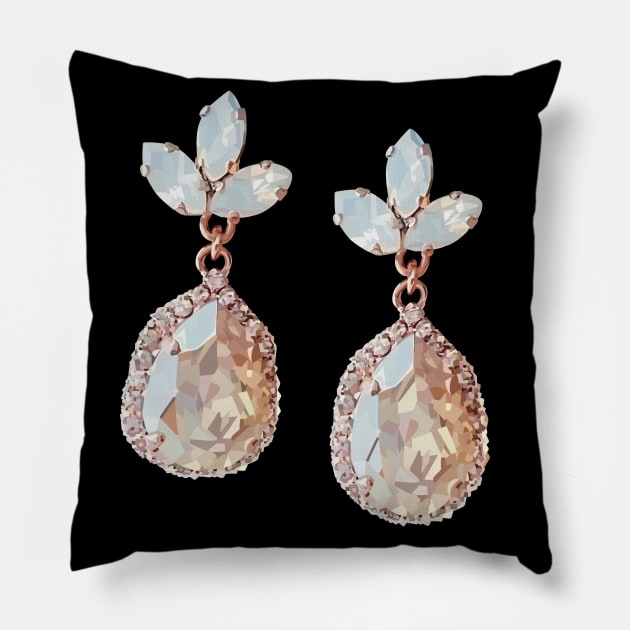 Rose-gold costume jewellery earrings with nude crystals and moon stones. Pillow by Tana B 