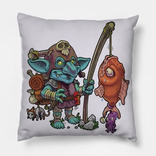 Cute cartoon goblin goes fishing and catches large fish. Pillow