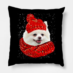 White Pomeranian Wearing Red Hat And Scarf Christmas Pillow