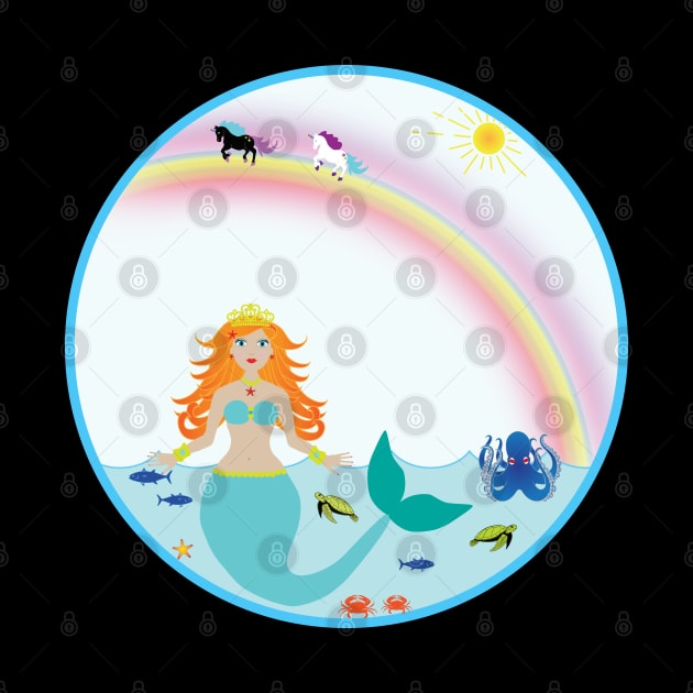 Mermaid in Sea with fish octopus crabs turtles unicorns and rainbow by Rosemarie Guieb Designs