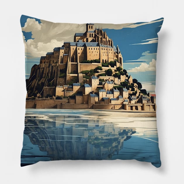 Mont Saint Michel France Tourism Vintage Poster Pillow by TravelersGems