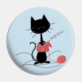 Black Knitting Cat - Light Blue Pin