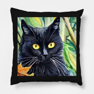 Beautiful black cat in the woods watercolor. Pillow