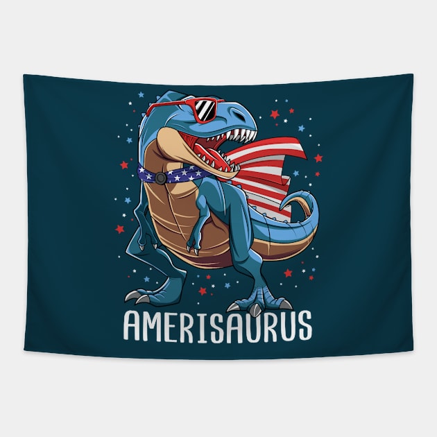 Amerisaurus T Rex Dinosaur 4th Of July Gift For Kids Boys Tapestry by HCMGift