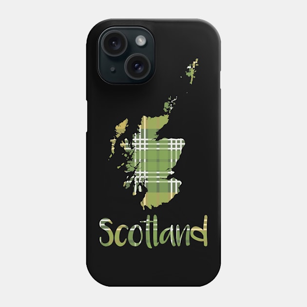 Scotland Green and Yellow Tartan Map Typography Design Phone Case by MacPean