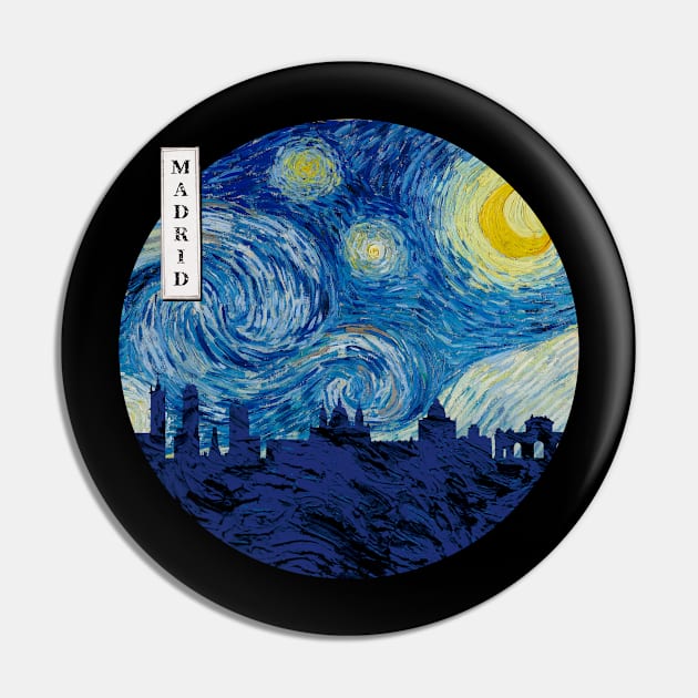 Madrid Van Gogh Starry Night Circle Pin by Ferrazi