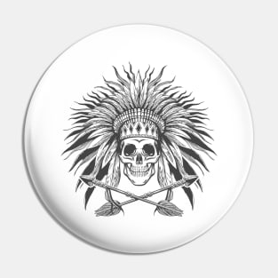 Skull in Indian War Bonnet and Arrows Tattoo Pin