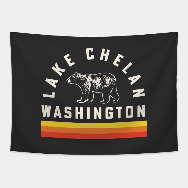 Lake Chelan Washington Souvenir Bear Retro Vintage Stripes Tapestry by PodDesignShop