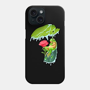 illustration of a green frog holding a leaf Phone Case