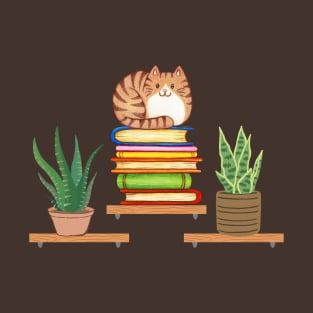 Plants, Cats And Books - Bookish Cat Aesthetic - Cat On A Bookshelf T-Shirt