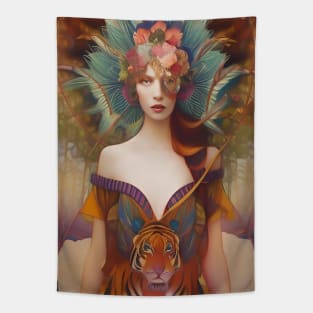 Beautiful girl floral design enchanting fashion tiger Tapestry