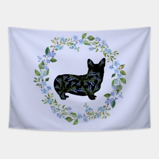 Corgi Silhouette with Spring Wildflower Wreath Tapestry