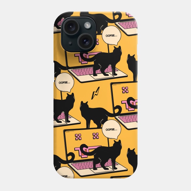404 Error Laptop Black Cat Pattern in yellow Phone Case by The Charcoal Cat Co.