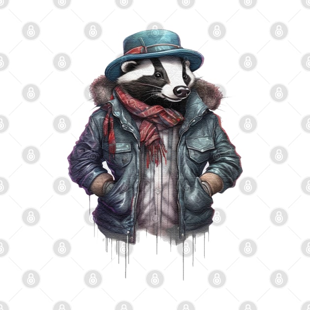 Badger wearing a jackets cap and a scarf by JnS Merch Store