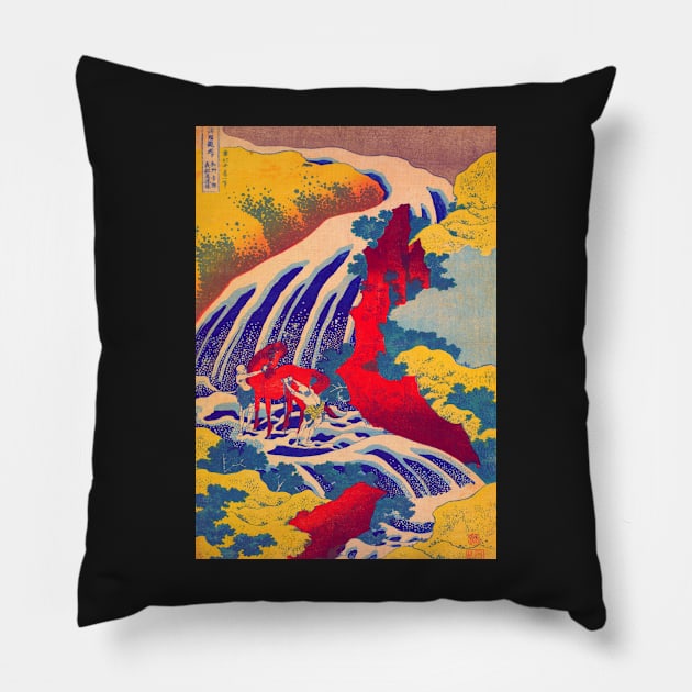 "Yoshitsune Falls, from the series Famous Waterfalls in Various Provinces" by Katsushika Hokusai (1833) TECHNICOLOR REMASTERED Pillow by FineArtMaster