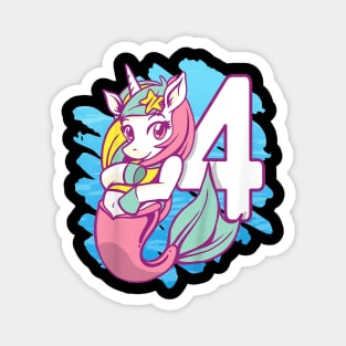 Kids Unicorn Mermaid 4Th Birthday I'M 4 Daughter Girl'S Birthday Magnet