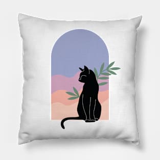 Вoho minimalist black cat with plants and sunset Pillow