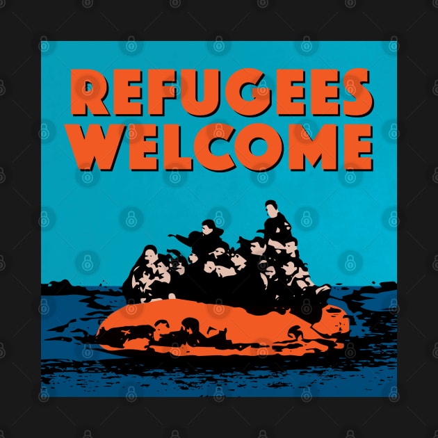 REFUGEES WELCOME - COLOURFUL ILLUSTRATION SHOWING REFUGEES ON A SMALL BOAT by CliffordHayes