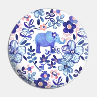 Pale Coral, White and Purple Elephant and Floral Watercolor Pattern Pin