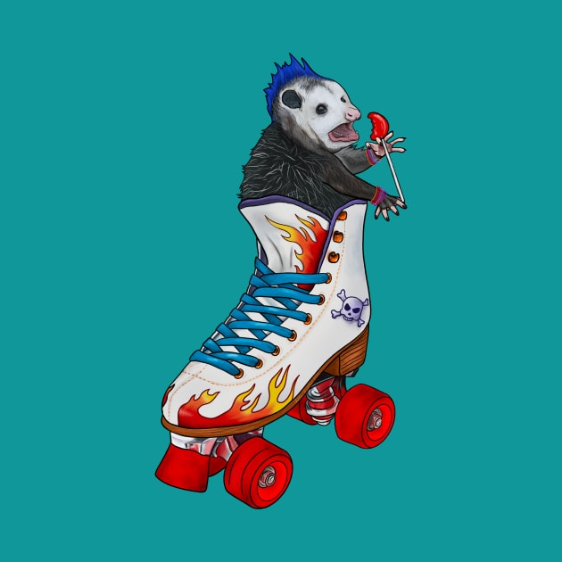 Rebellious Opossum With A Mohawk Sitting In Roller-Skate Eating A Sucker by Ashley D Wilson