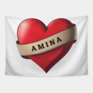 Amina - Lovely Red Heart With a Ribbon Tapestry