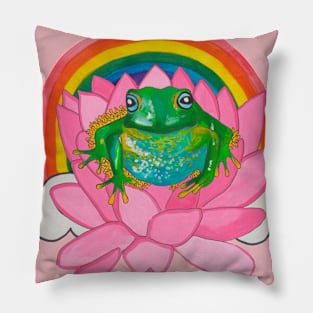 Frog with flower and rainbow Pillow