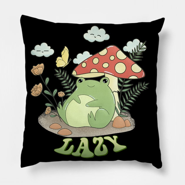 Lazy Frog Under Mushroom Umbrella Pillow by Mieu-Angels