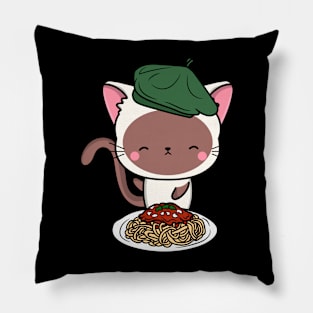 Cat eating Spaghetti - White Cat Pillow