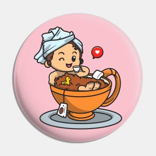 Cute Girl Bathing In Cup Tea Cartoon Pin