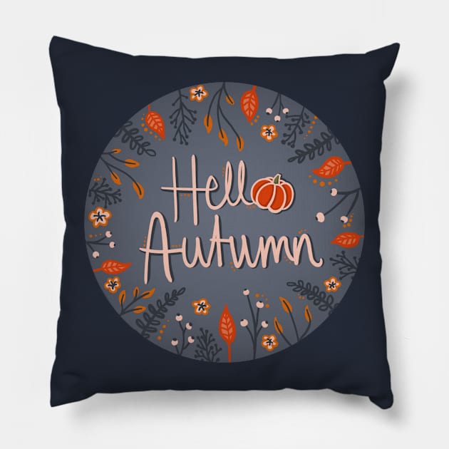 Hello Autumn! leafy autumn badge style illustration Pillow by AlmightyClaire