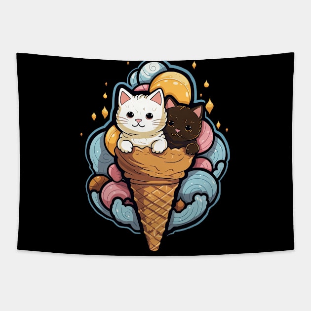 Pink & Blue Cat Ice-Cream Delight: Doodle Art Flat Color Tapestry by YUED