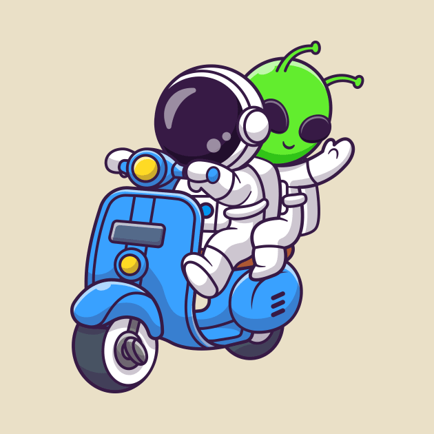 Cute Astronaut And Alien Riding Scooter Cartoon by Catalyst Labs