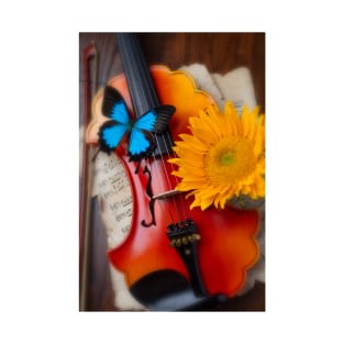 Blue Butterfly On Baroque Violin With Sunflower T-Shirt