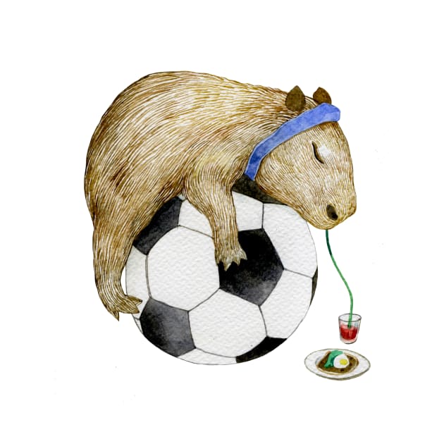 Tired baby capybara on football by argiropulo