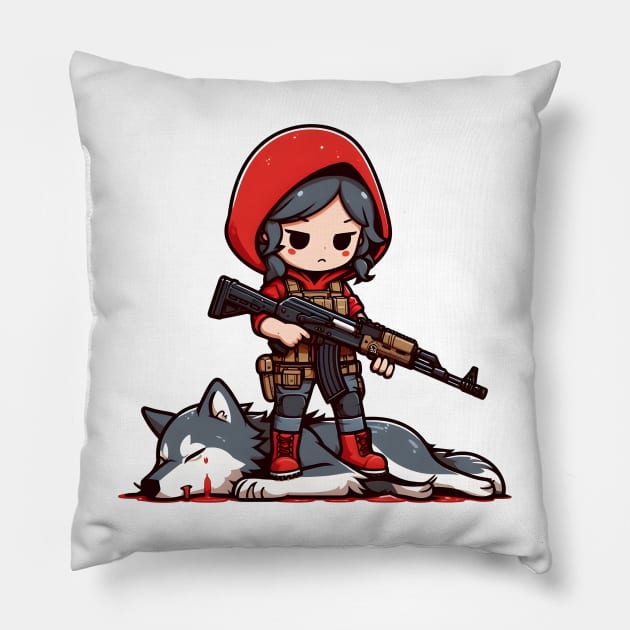 Tactical Little Red Riding Hood Adventure Tee: Where Fairytales Meet Bold Style Pillow by Rawlifegraphic