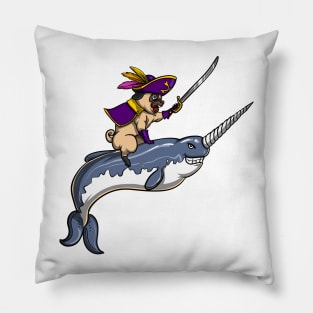 Pug Pirate Riding Narwhal Fish Pillow